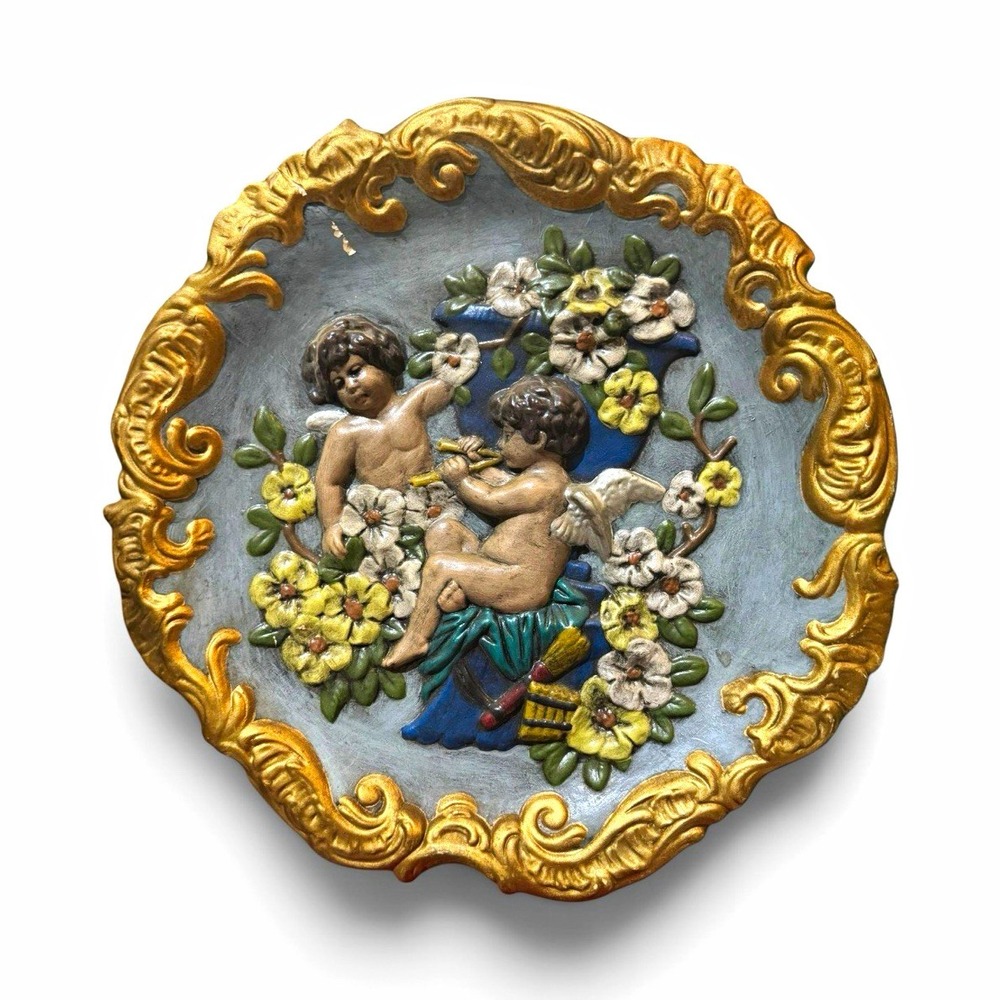 Vintage Cherub Floral Raised Relief Wall Plaque Round Painted Plaster 12" READ